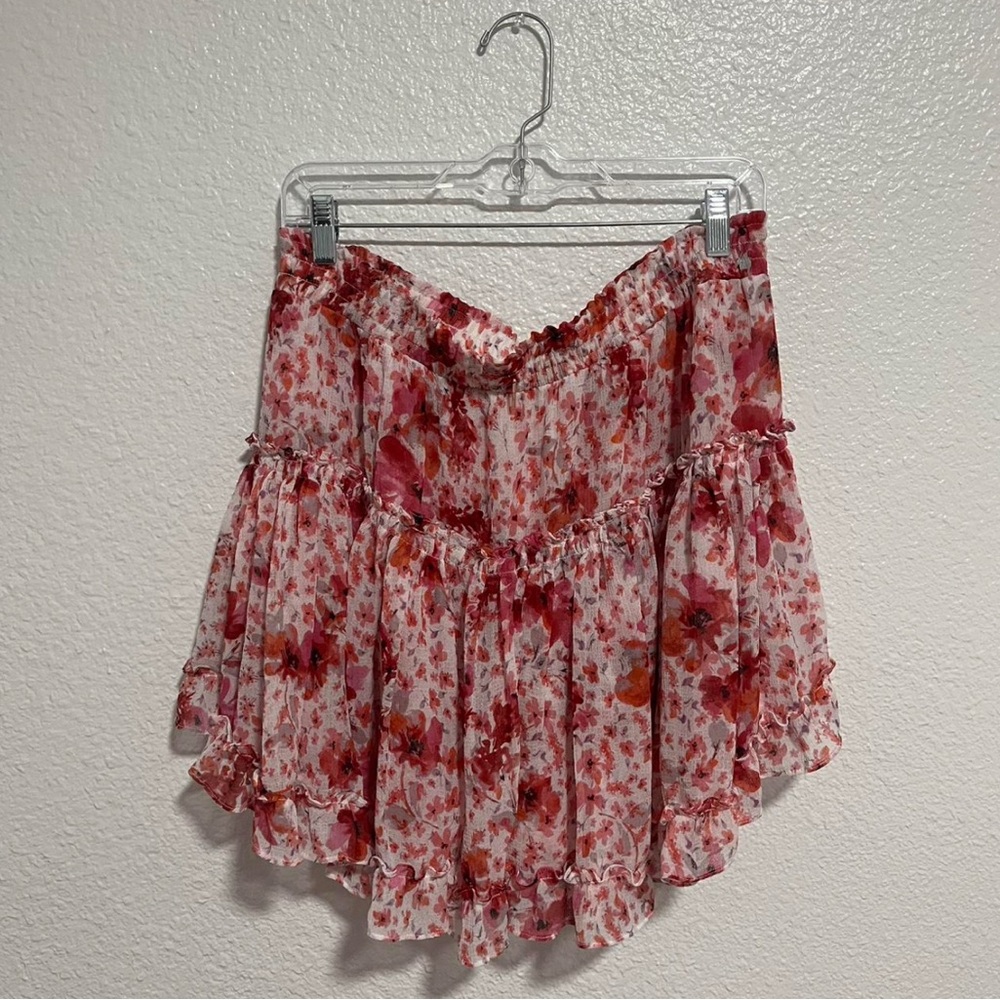 Floral Red Tiered Ruffle Mini Skirt - Picture 2 of 3